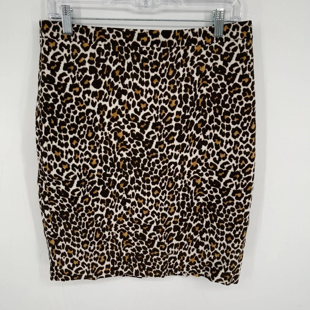 J Crew Women's Brown Multi Leopard Animal Print Linen Cotton Pencil Skirt Size 6